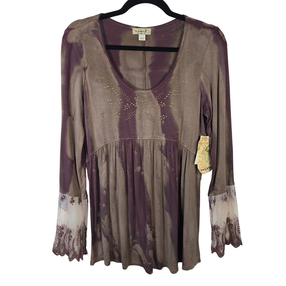 One World Womens Small Purple‎ Brown Tie Dye Studded Lace Cuff Peplum Top NWT